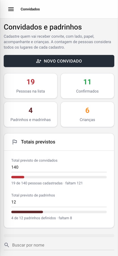 A lista de convidados num celular, com o menu recolhido no botão do canto