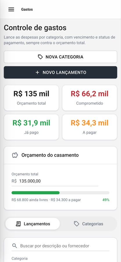 O controle de gastos num celular, com os quatro totais em duas colunas