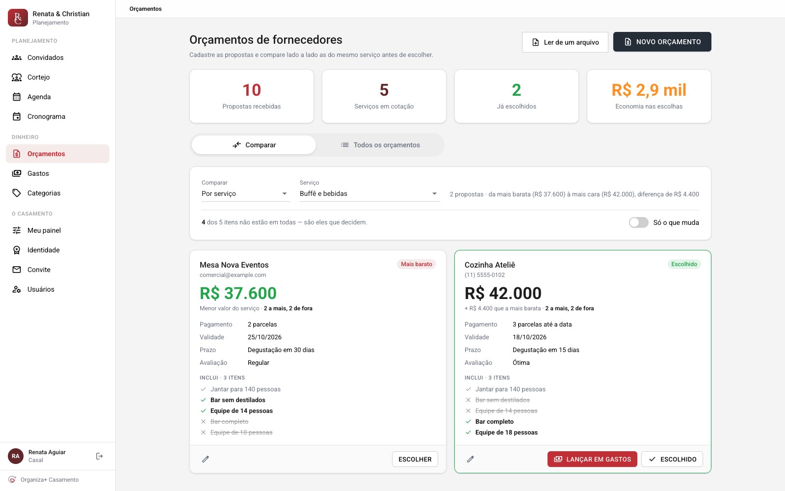 Tela de orçamentos comparando duas propostas de buffê, com os itens exclusivos de cada uma em destaque e os que faltam riscados